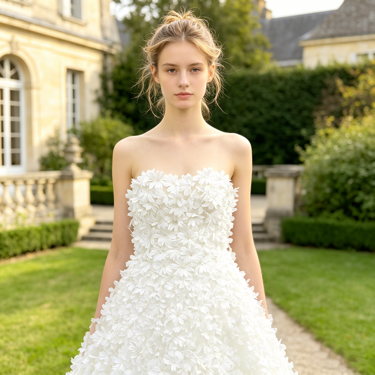 CS292 Strapless 3D Floral A-Line Wedding Dress with Pearl Accents & Chapel Train