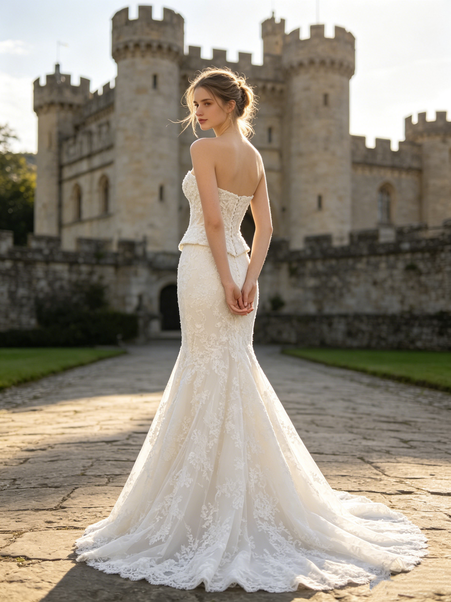 CS326 Strapless Lace Mermaid Wedding Dress with Corset Peplum & Lace-Up Back