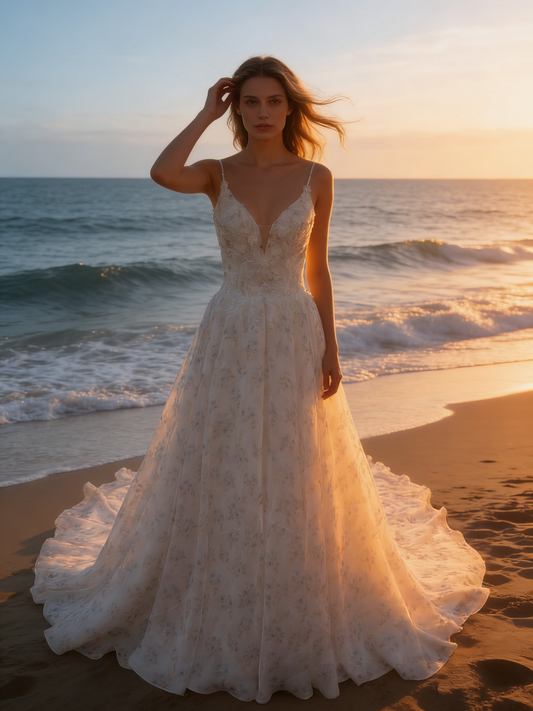 CS161 Romantic Floral Print A-Line Wedding Dress with Deep V-Neck & Open Back