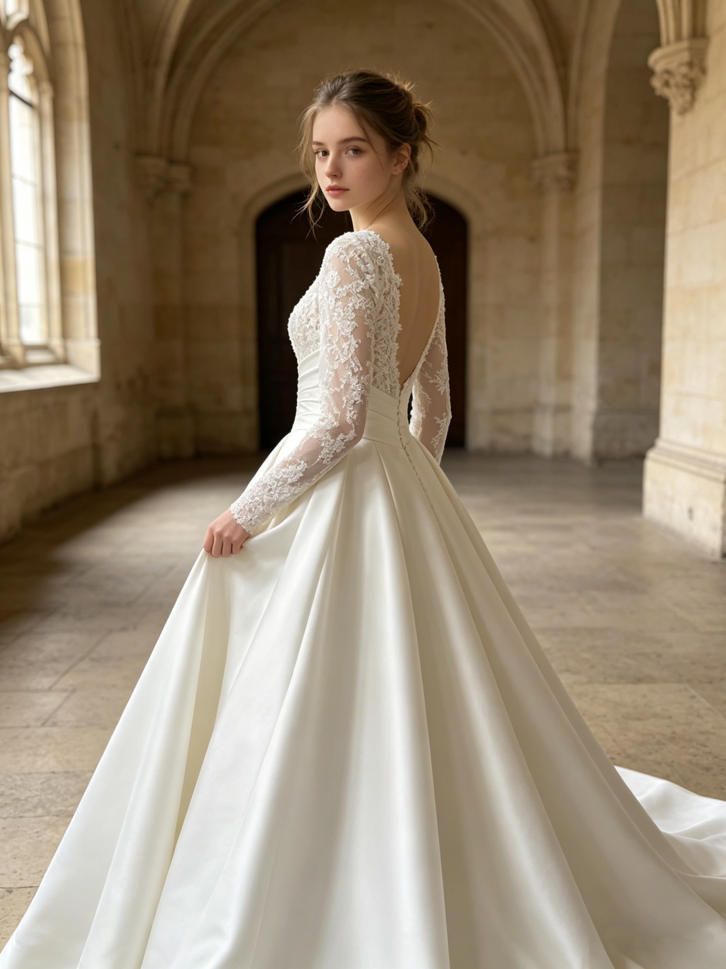 CS434 Long Sleeve Lace & Satin A-Line Wedding Dress with Corset Bodice