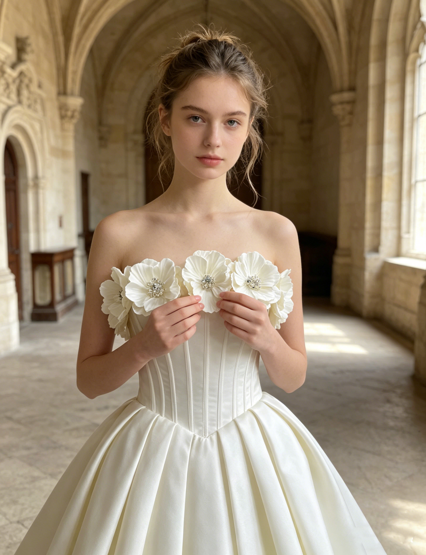 CS351 Strapless Satin A-Line Wedding Dress with 3D Floral Appliqués & Corset Bodice