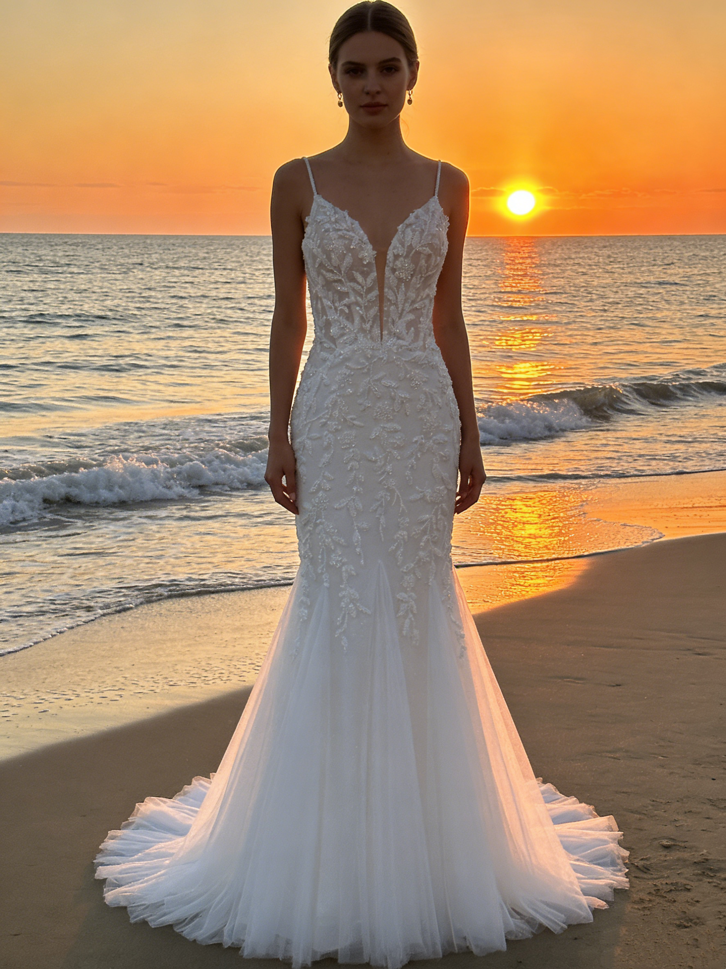 CS257 Elegant Beaded Spaghetti Strap Mermaid Wedding Dress with Illusion Back &amp; Ruffle Train