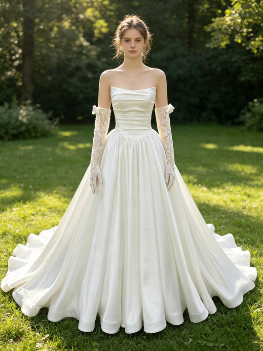 CS354 Strapless Satin A-Line Wedding Dress with Detachable Lace Bow Gloves