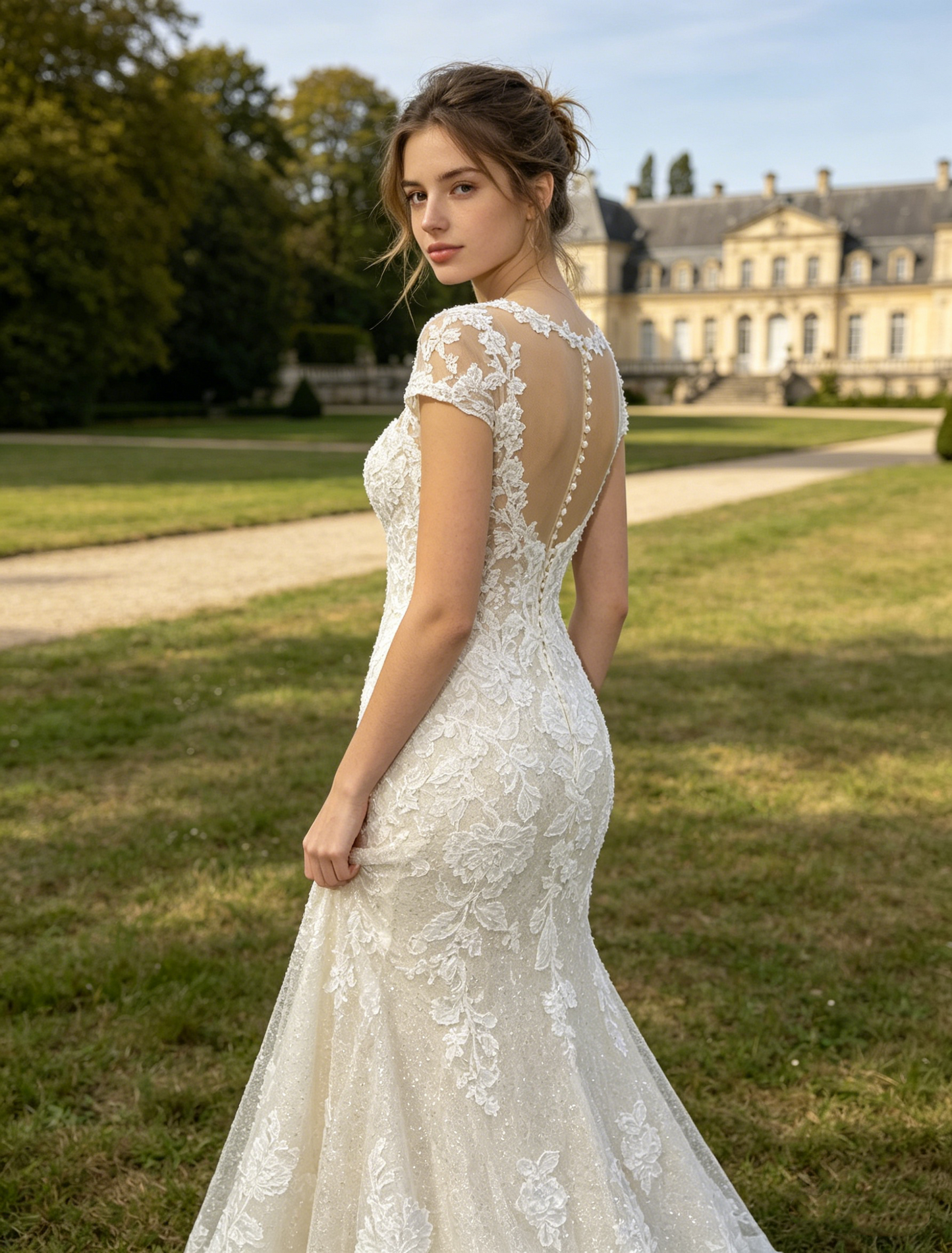 CS387 Beaded Lace Mermaid Wedding Dress with Illusion Neckline & Short Sleeves