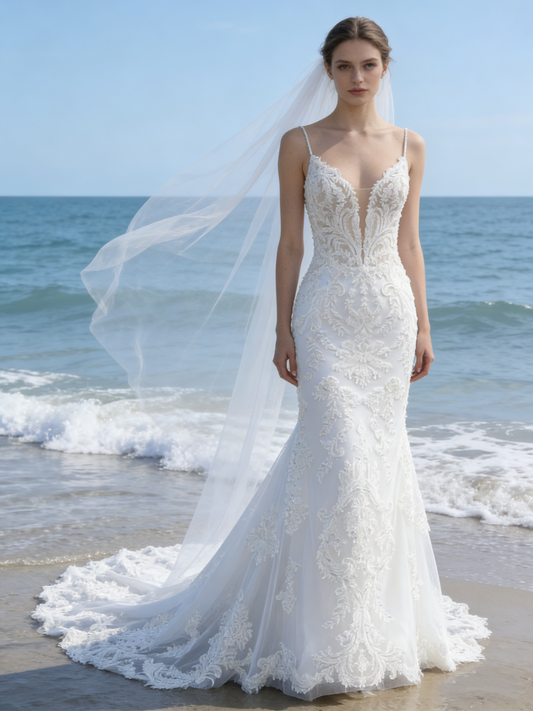 CS107 Elegant Lace Mermaid Wedding Dress with Spaghetti Straps & Illusion Back