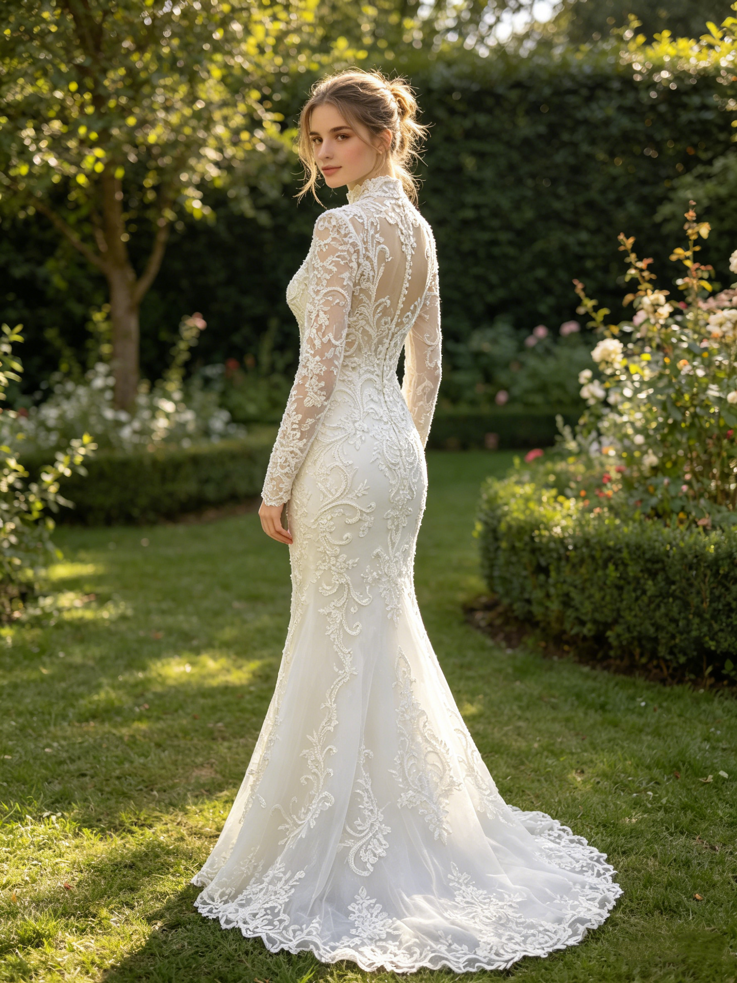 CN311 High Neck Long Sleeve Mermaid Wedding Dress with Beaded Lace Appliqués