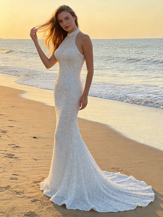 CS149 Luxury Beaded Halter Mermaid Wedding Dress with Scalloped Train