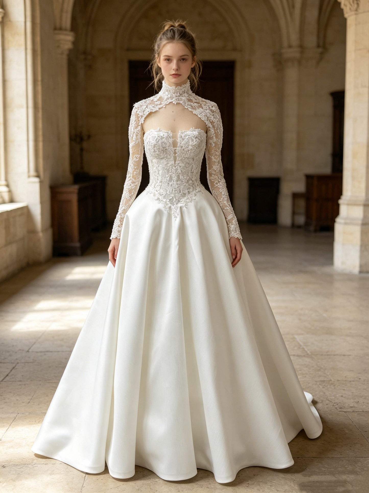 CS418 Strapless Lace & Satin Ball Gown Wedding Dress with Detachable High-Neck Bolero