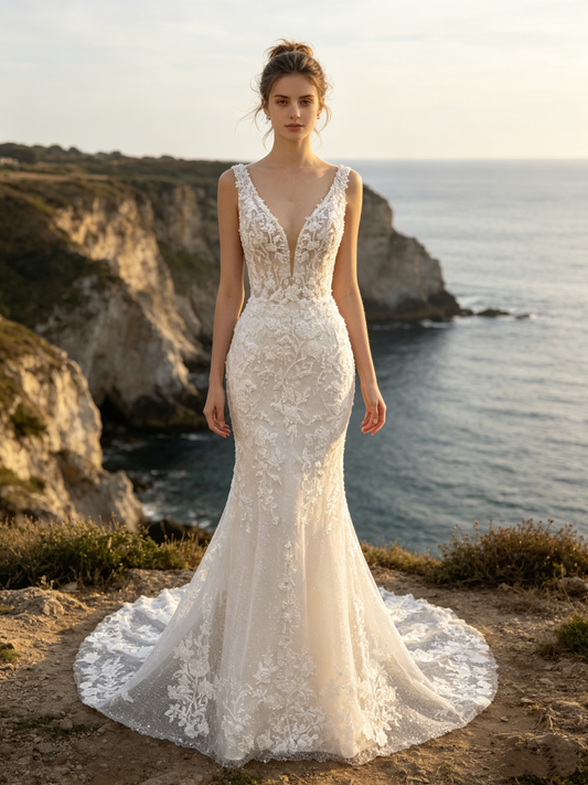 CS353 Beaded Lace Mermaid Wedding Dress with Plunge V-Neck & Low V-Back