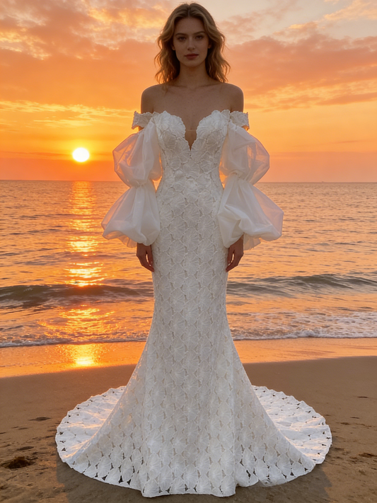 CS238  Elegant Off-the-Shoulder Mermaid Wedding Dress with 3D Floral Lace & Puff Sleeves
