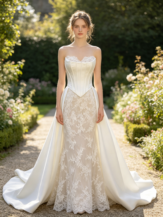 CS422 Strapless Lace Mermaid Wedding Dress with Detachable Satin Overskirt & Corset Bodice