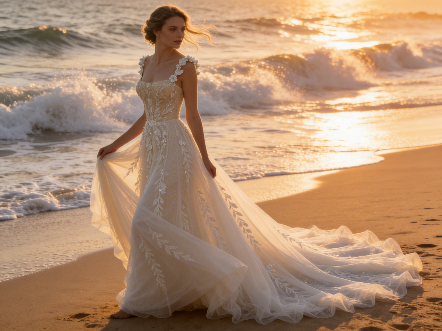 CS00007 Elegant Floral Embroidered A-Line Wedding Dress with Square Neck & Detachable Train