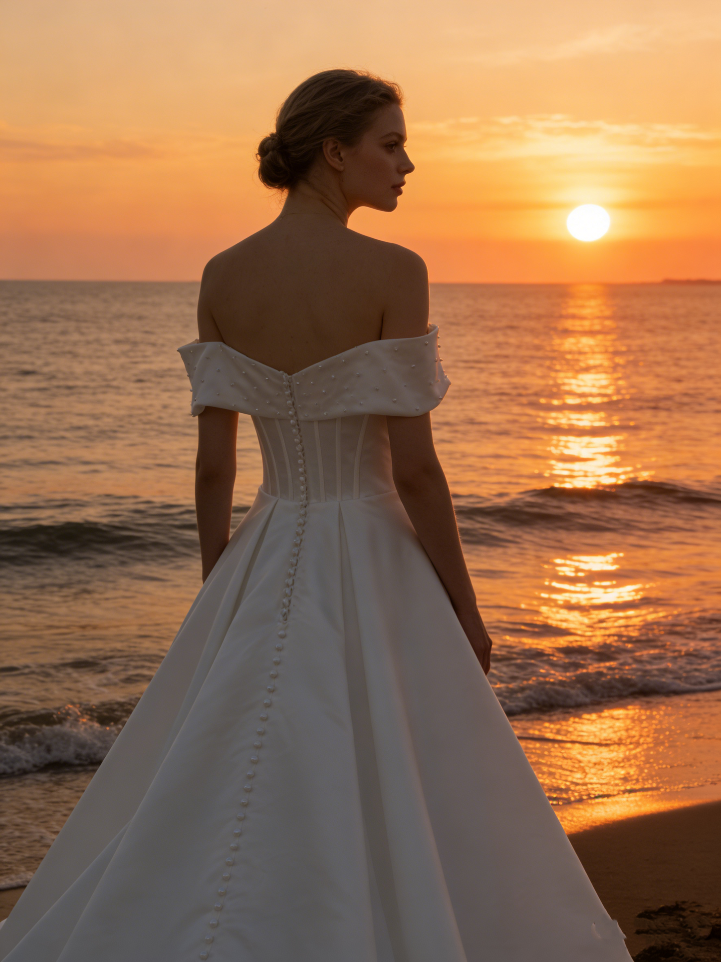 CS237 Elegant Off-the-Shoulder Satin A-Line Wedding Dress with Corset Bodice & Pearl Detailing
