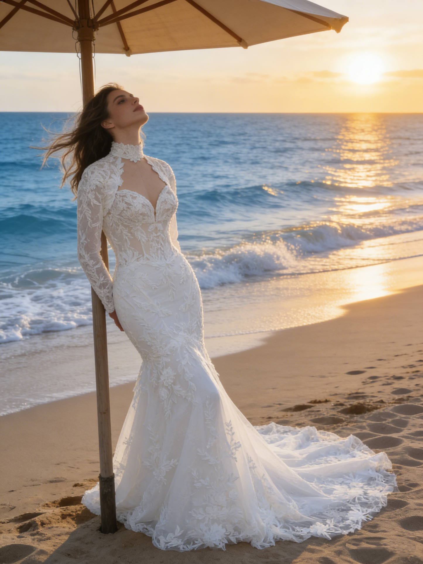ZT005  Elegant High Neck Long Sleeve Mermaid Wedding Dress with 3D Lace Appliqué & Keyhole Cutout