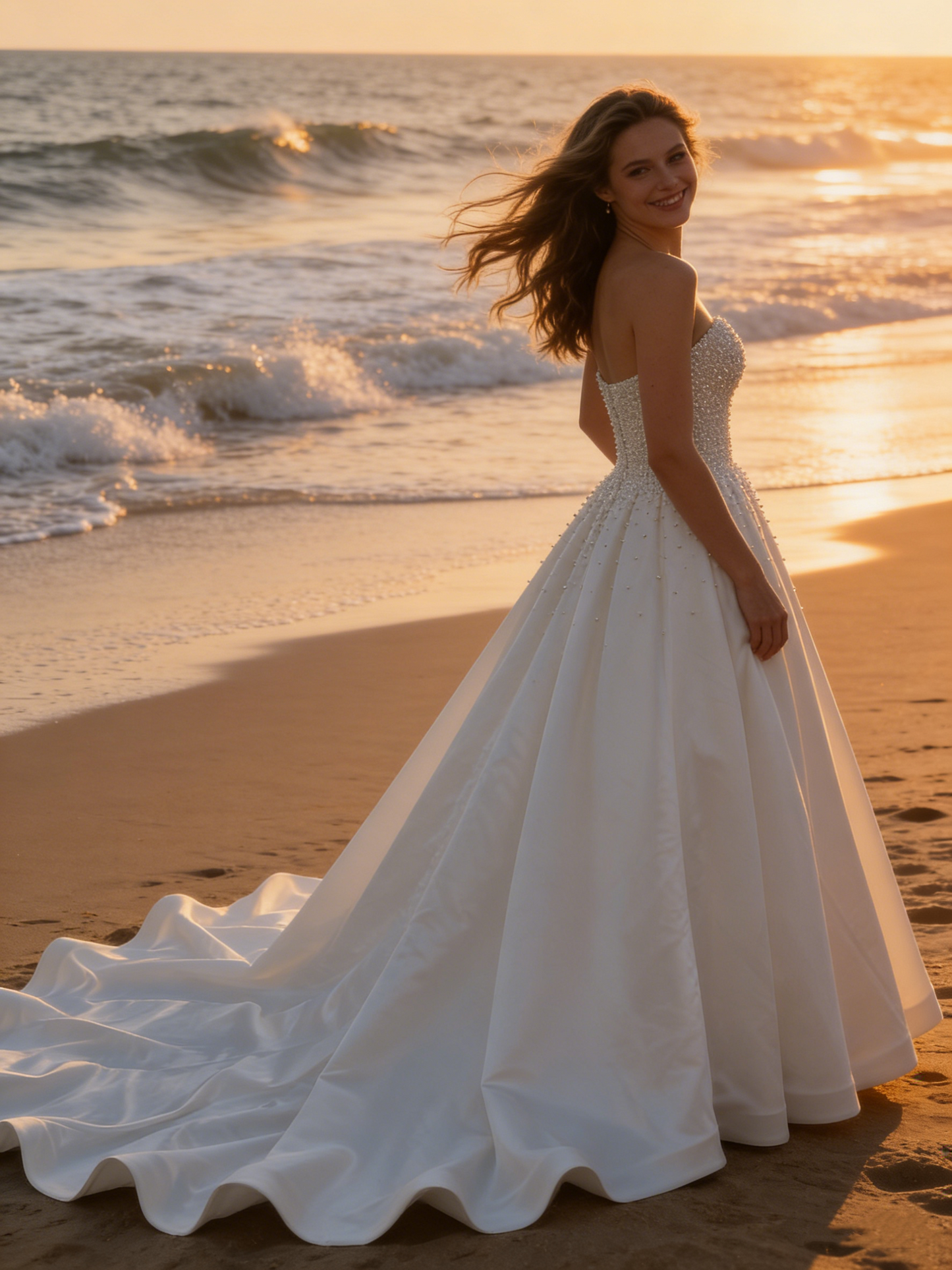CS211  Elegant Satin A-Line Wedding Dress with Pearl-Embellished Corset Bodice