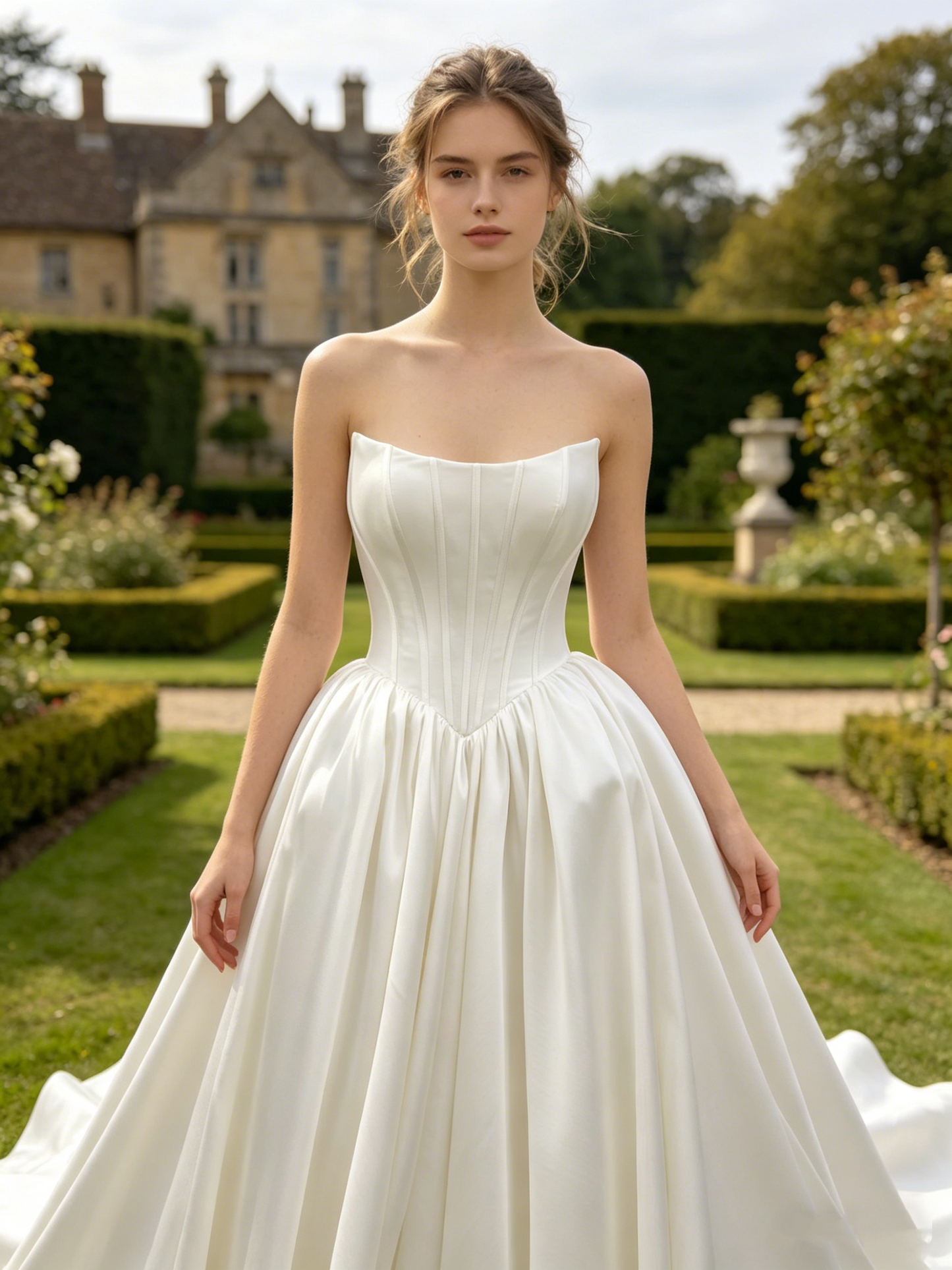 CS410 Strapless Satin Ball Gown Wedding Dress with Corset Bodice