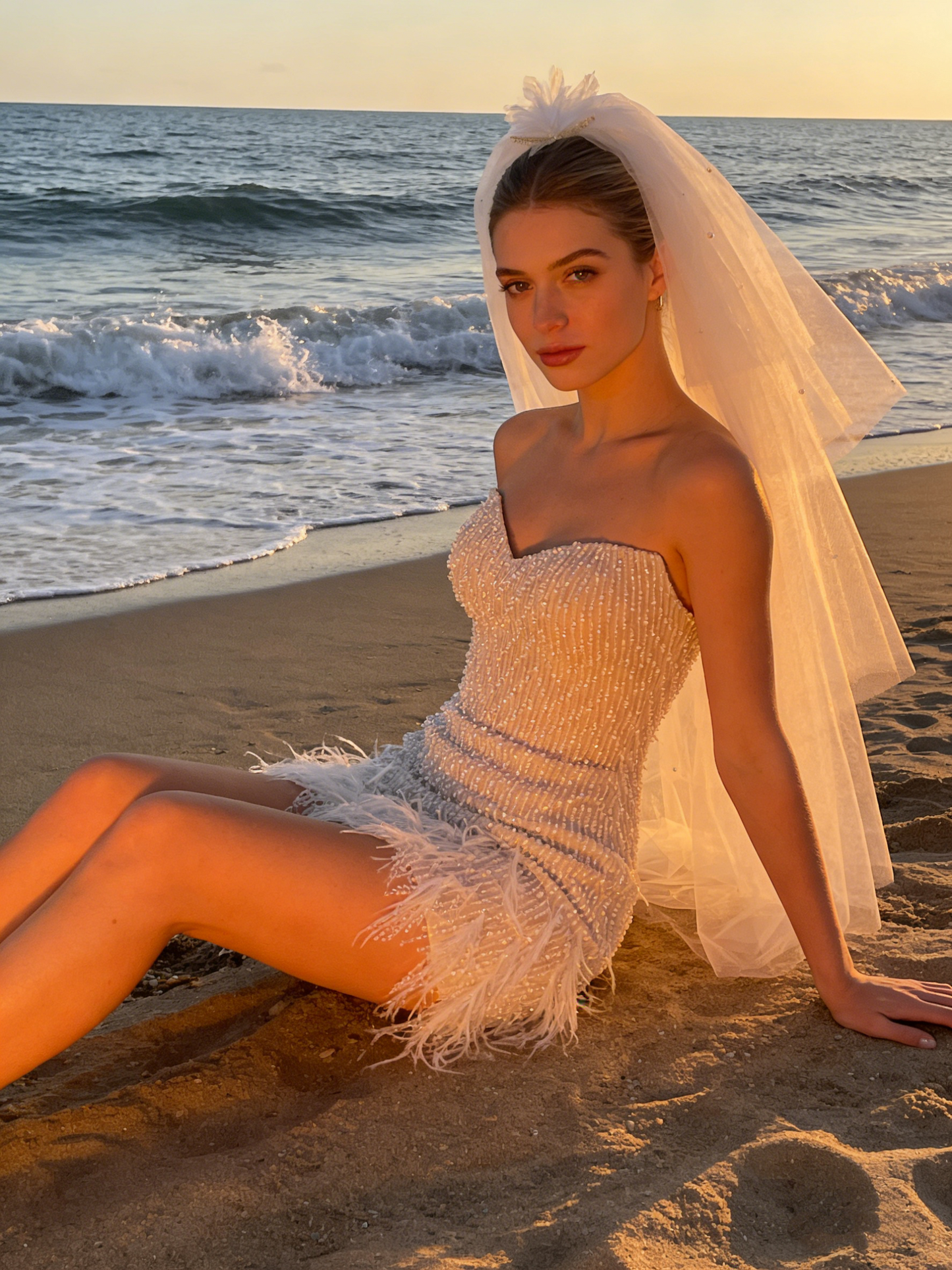 CS161B Luxury Feather & Beading Mini Wedding Dress | Elegant Strapless Bridal Gown with Veil