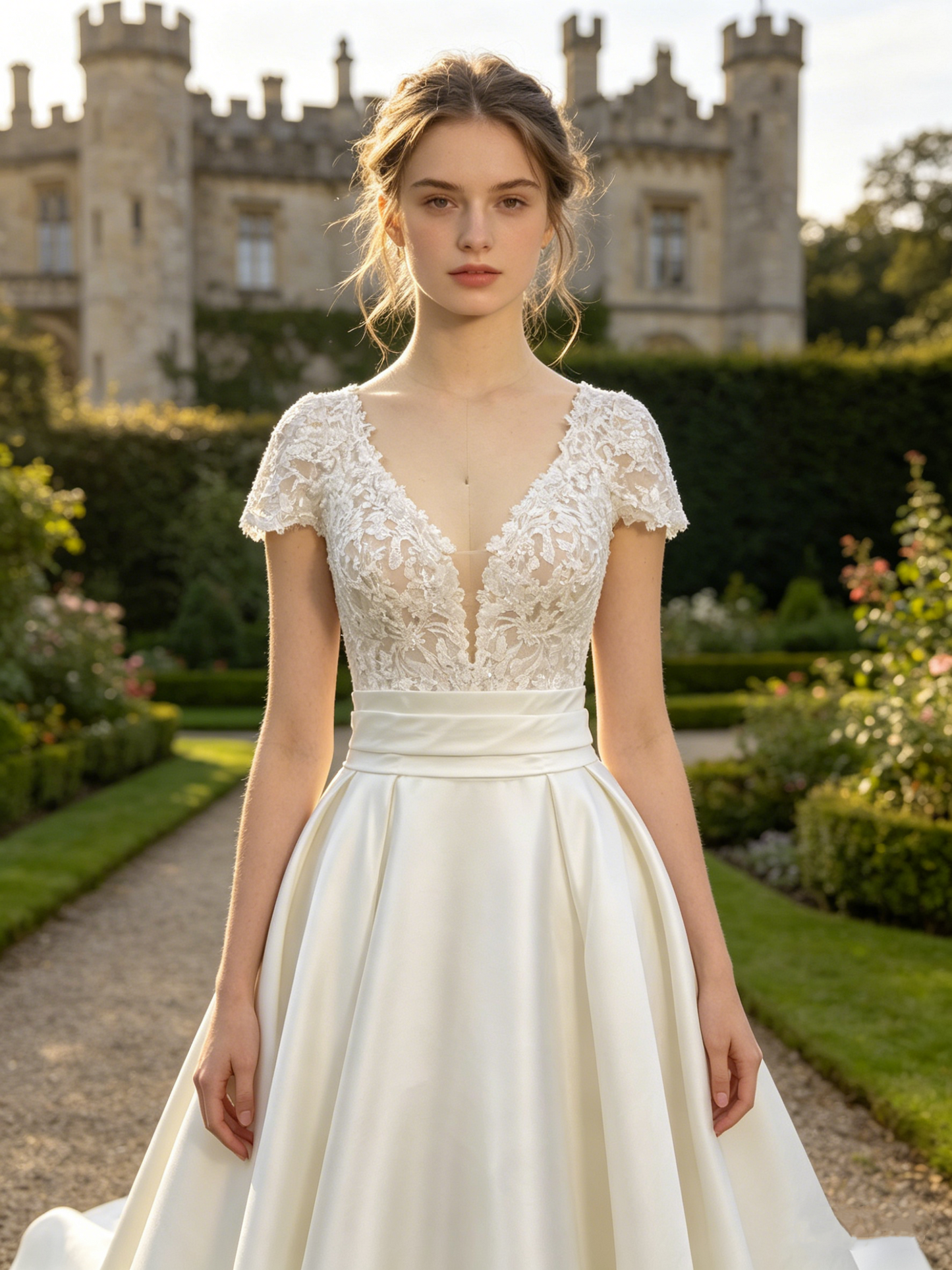 CS435 Short Sleeve Lace & Satin A-Line Wedding Dress with Corset Bodice