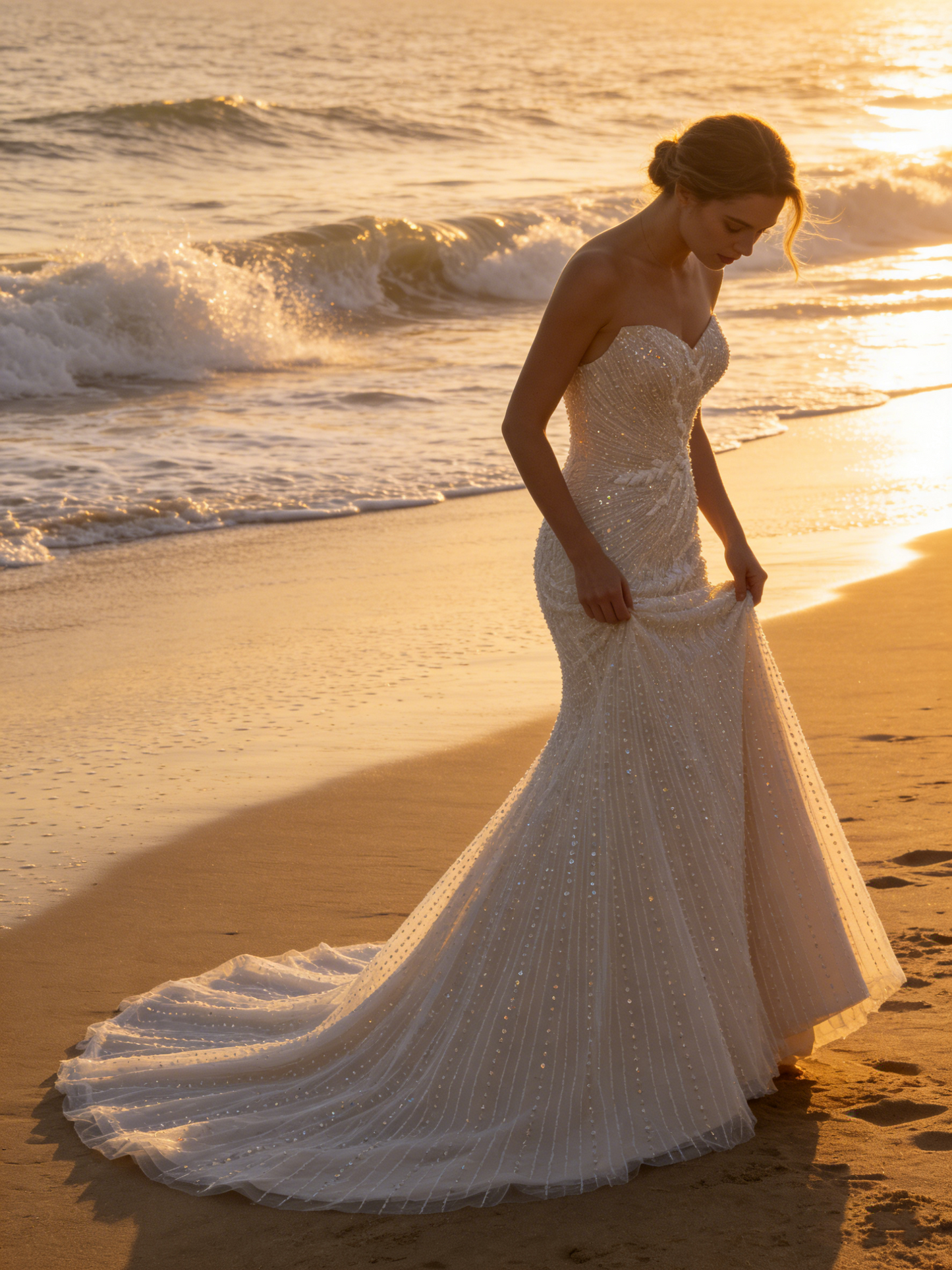CS194 Beaded Mermaid Wedding Dress with Detachable Off-the-Shoulder Long Sleeves