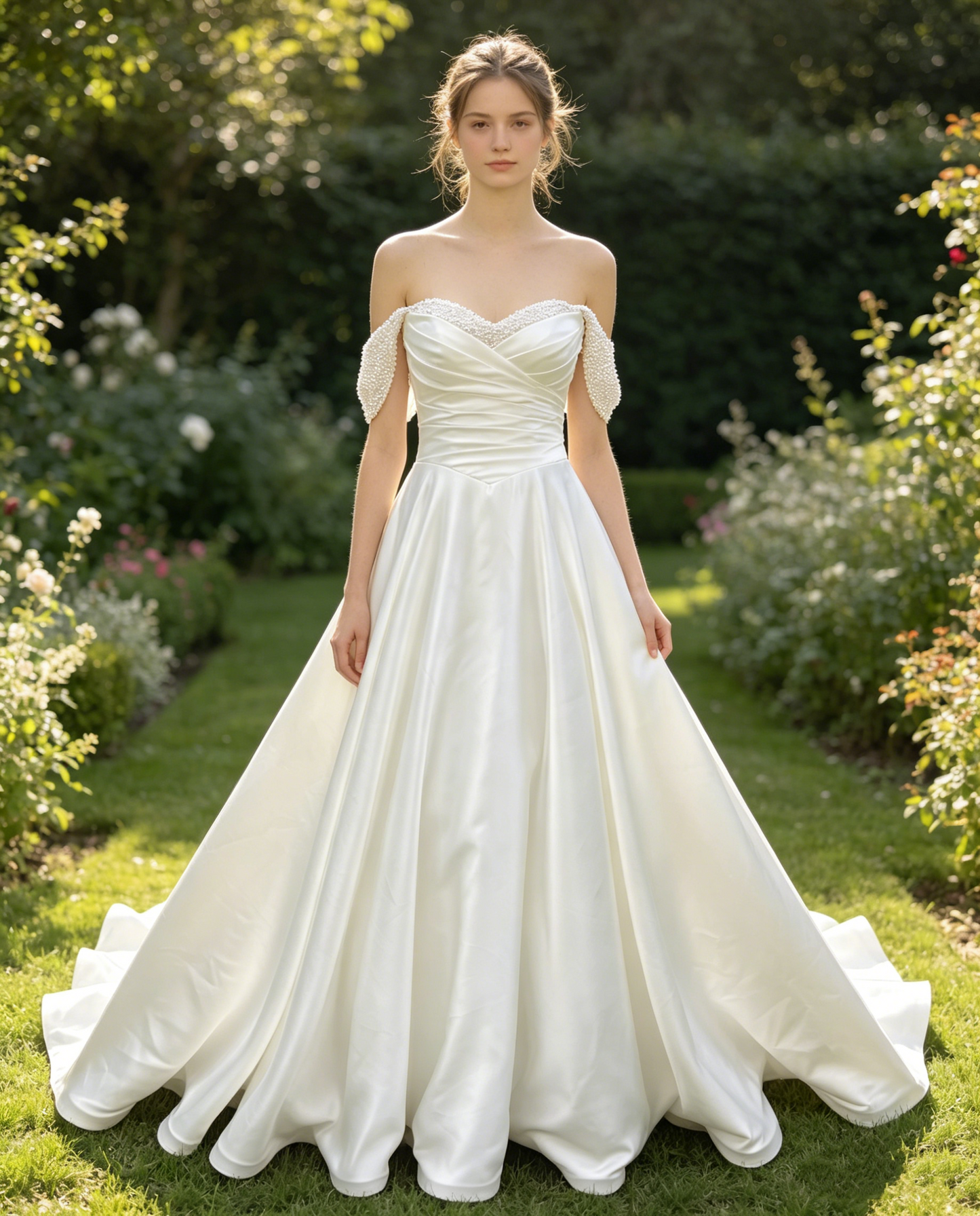CS283 Off-the-Shoulder Satin Ball Gown Wedding Dress with Pearl Beaded Straps & Corset Back