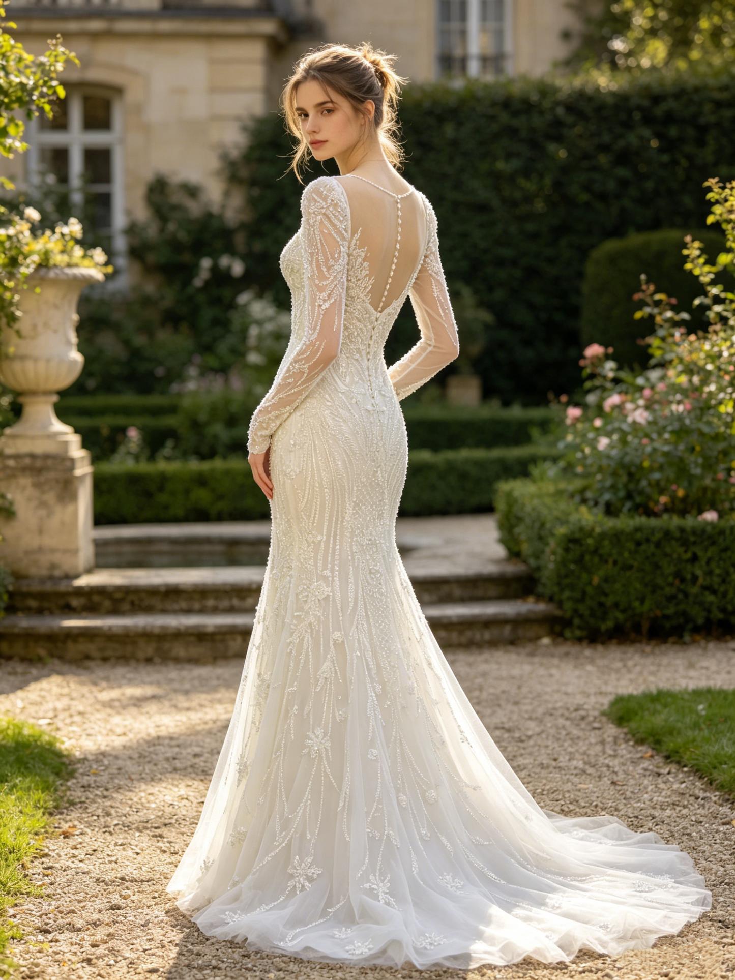 CS436 Beaded Mermaid Wedding Dress with Long Sleeves & Illusion Neckline