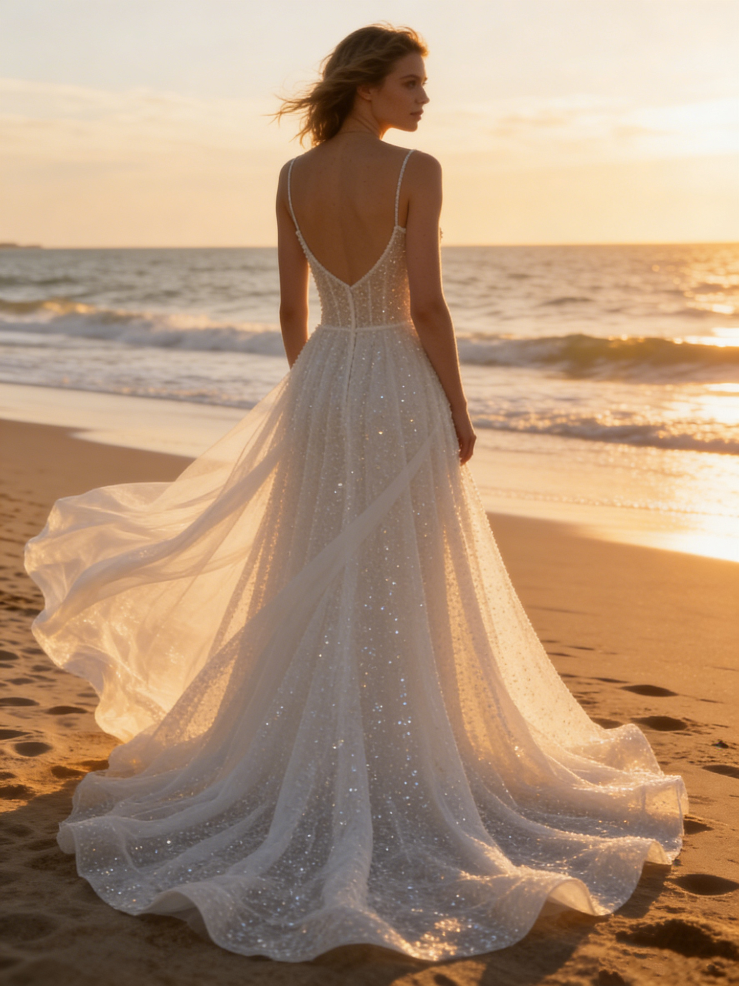 CS129 Sparkling Beaded A-Line Wedding Dress with Spaghetti Straps & Illusion Back