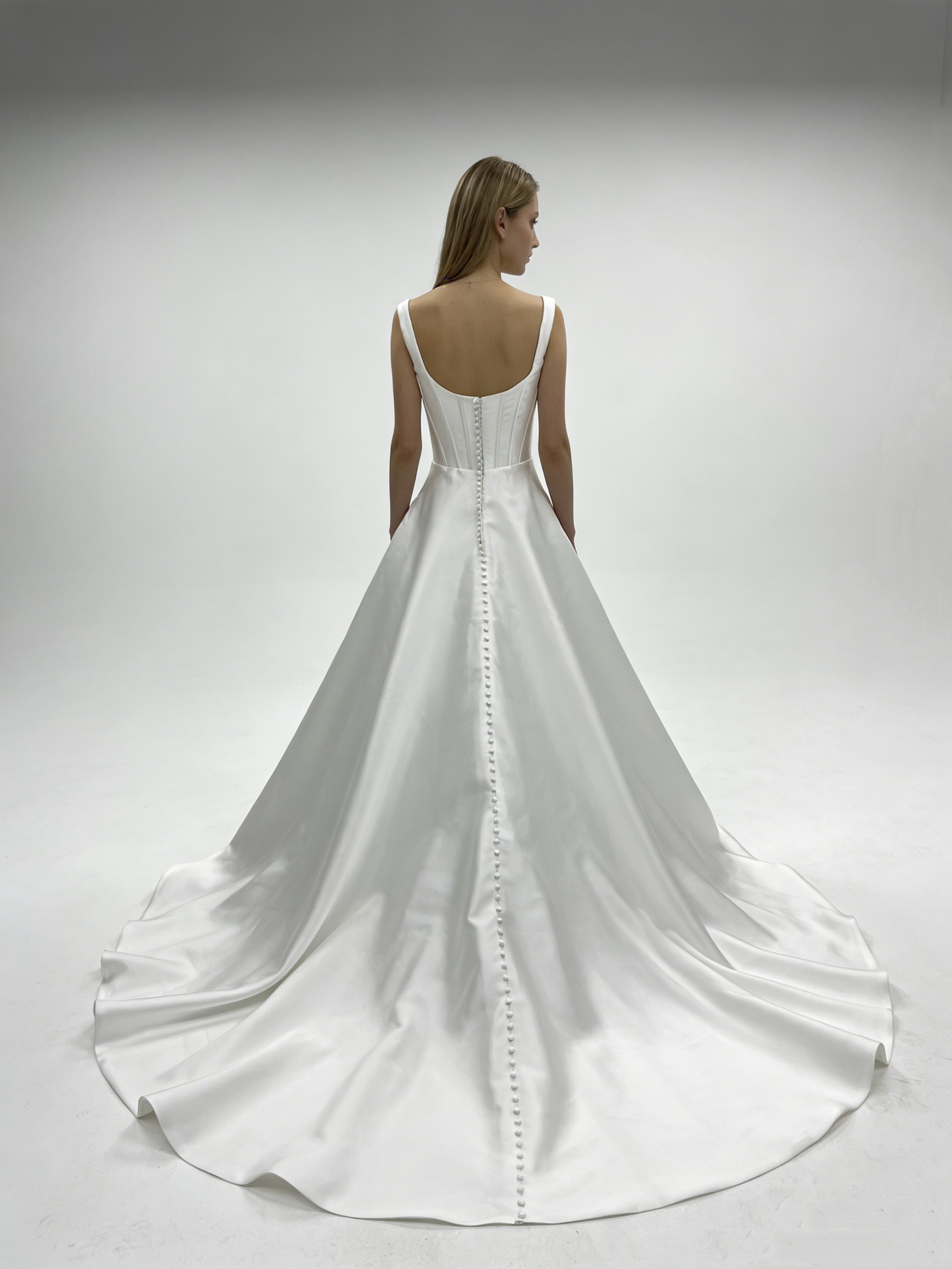 LJX179 Square Neck Satin A-Line Wedding Dress with Corset Back & Covered Buttons