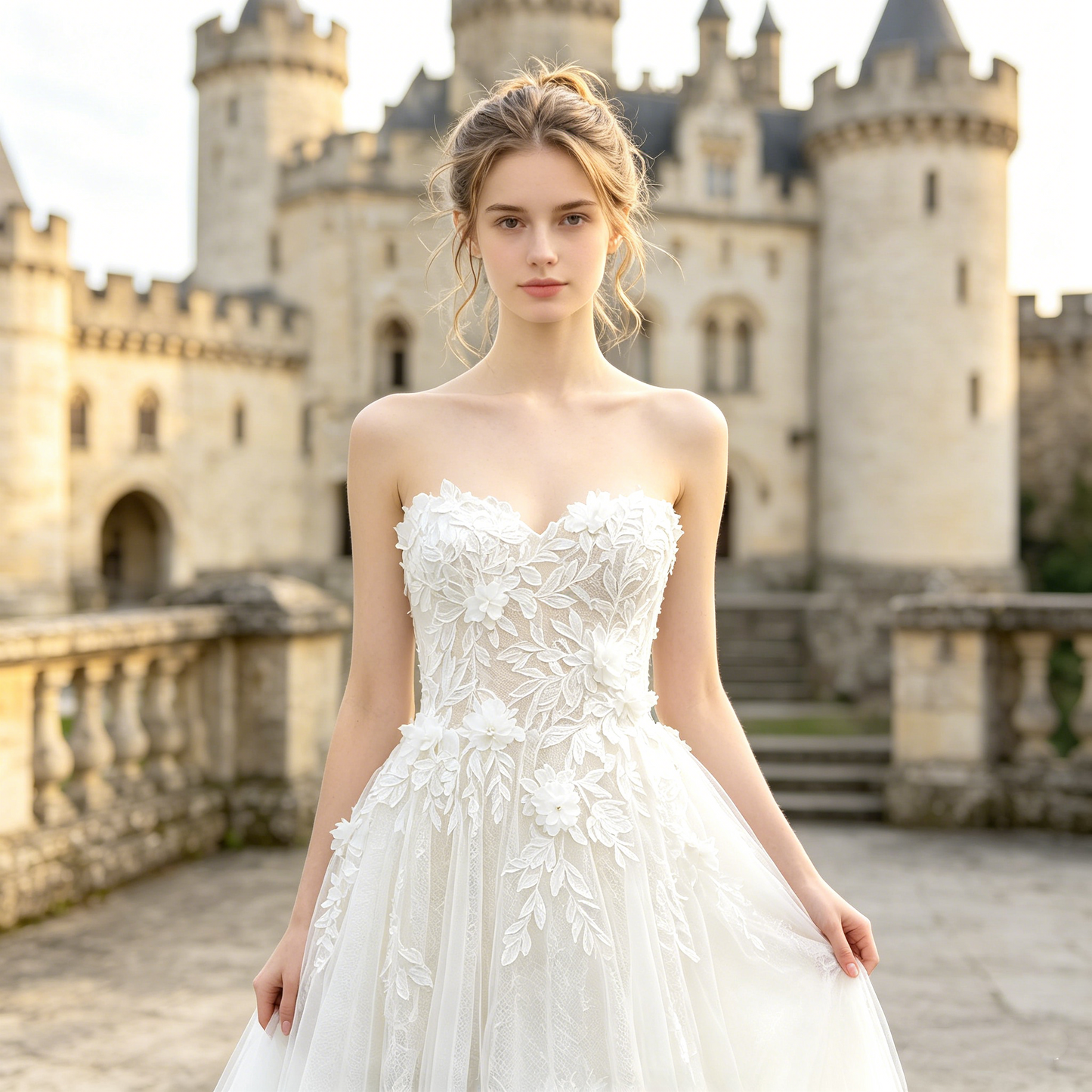 CS355 Strapless 3D Floral Lace A-Line Wedding Dress with Illusion Corset Back