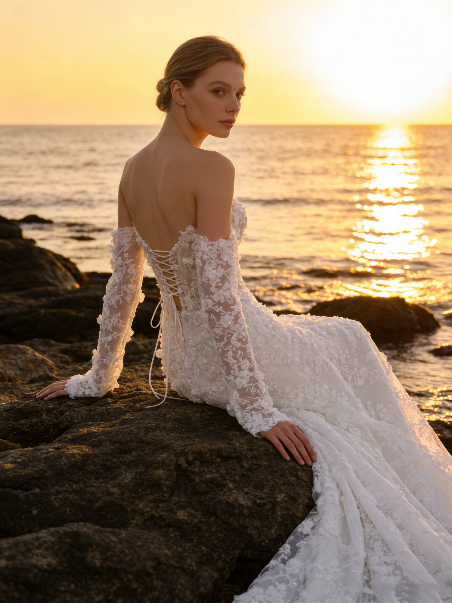 CS251 Elegant Off-the-Shoulder A-Line Wedding Dress with 3D Floral Lace & Detachable Sleeves