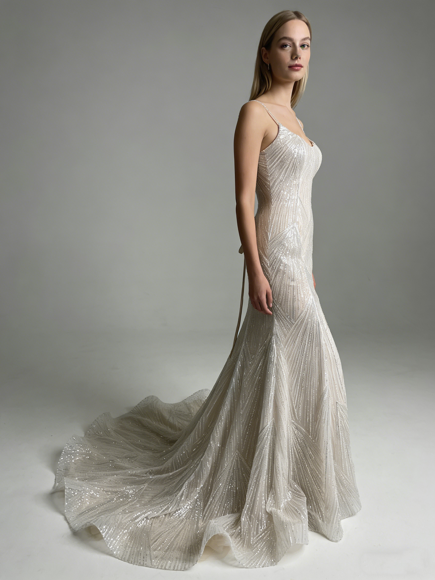 LJZ143 Sparkling Beaded Mermaid Wedding Dress with Spaghetti Straps & Corset Back
