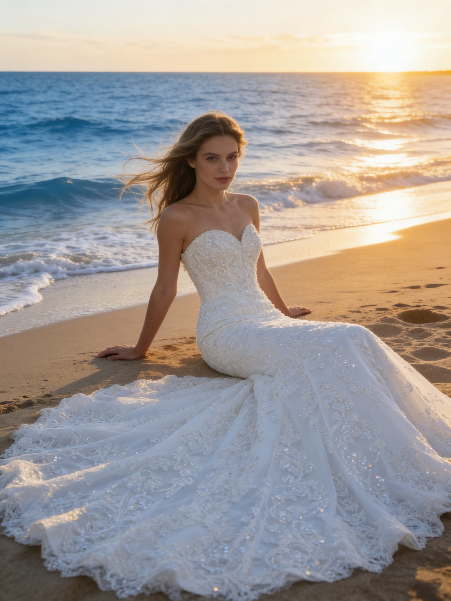 CS121 Luxury Beaded Lace Off-the-Shoulder Mermaid Wedding Dress with Cathedral Train