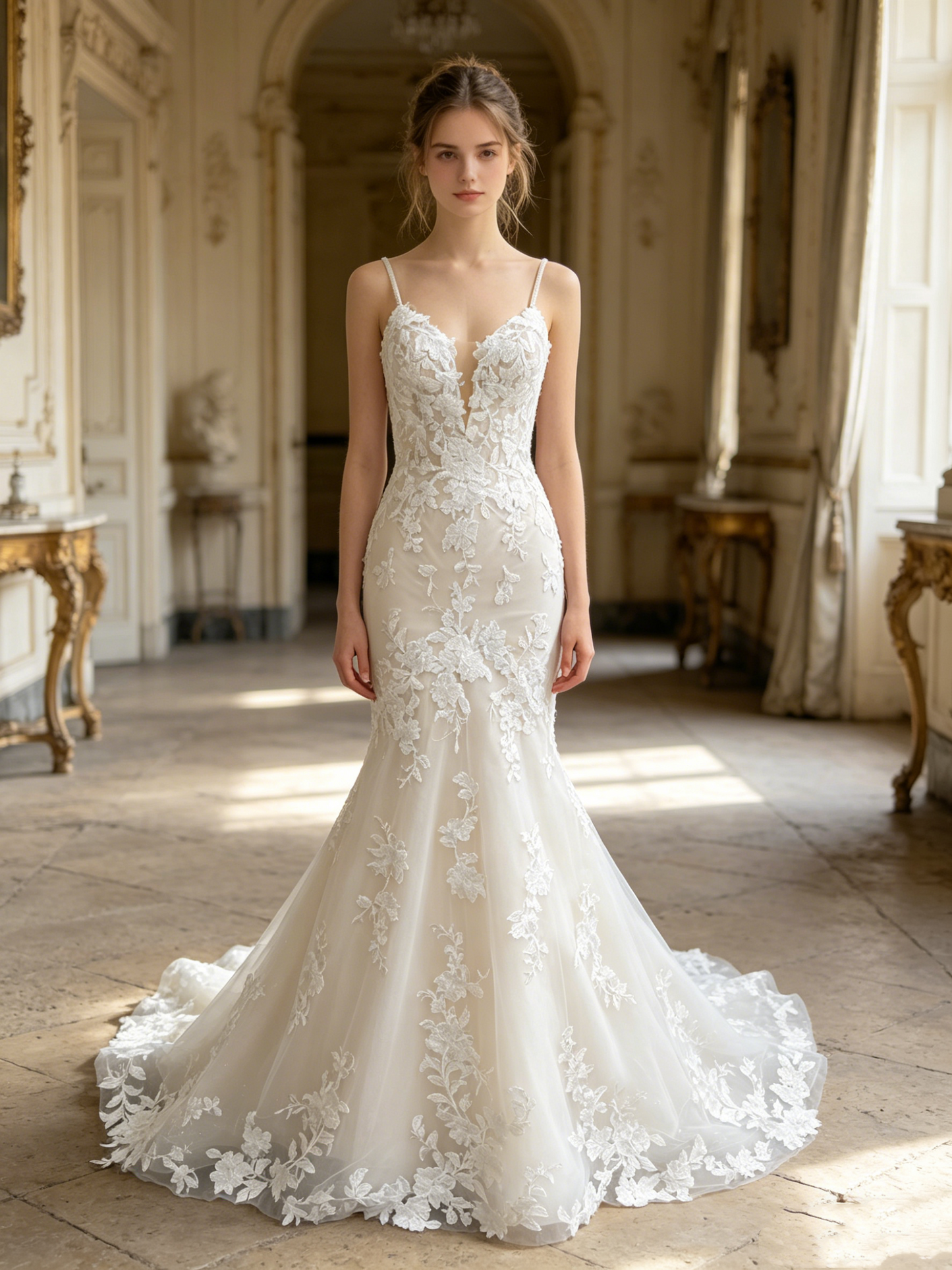 CS277 Romantic Lace Mermaid Wedding Dress with Beaded Spaghetti Straps & Deep V-Back