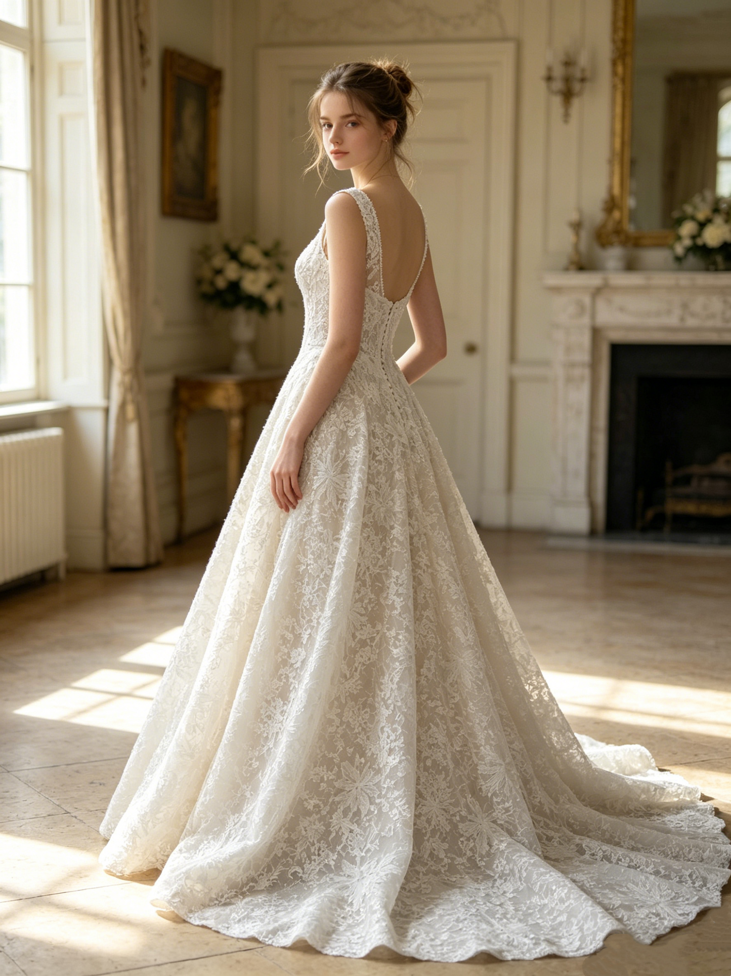CS428 Scoop Neck Lace A-Line Wedding Dress with Corset Bodice