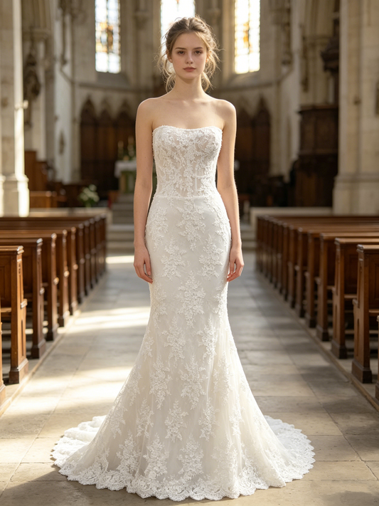 CS335 Strapless Lace Mermaid Wedding Dress with Corset Bodice & Beaded Trim