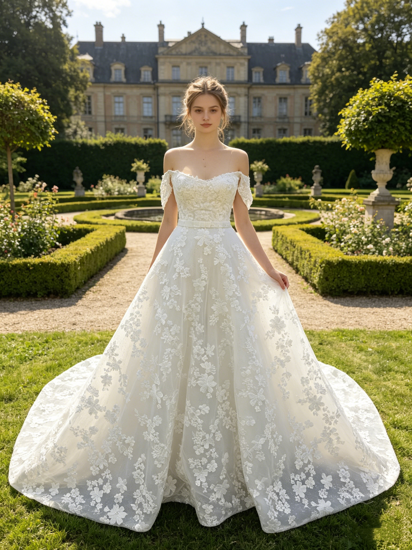 CS329 Off-the-Shoulder Floral Lace A-Line Wedding Dress with Removable Straps & Waist Sash