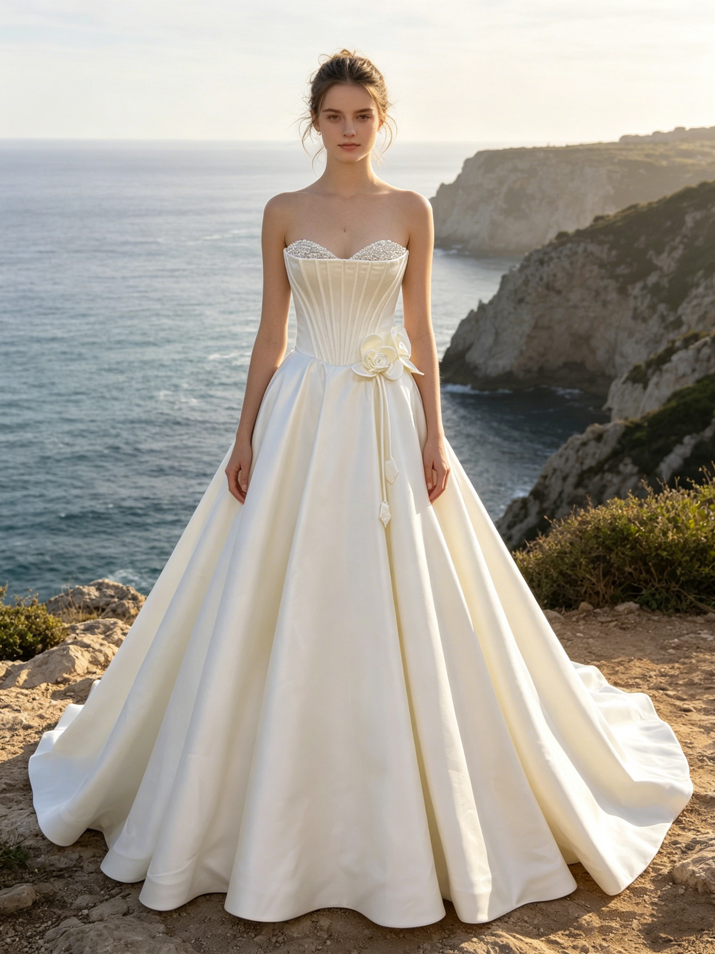 CN304 Strapless Satin Ball Gown Wedding Dress with Pearl Bust & 3D Floral Detail