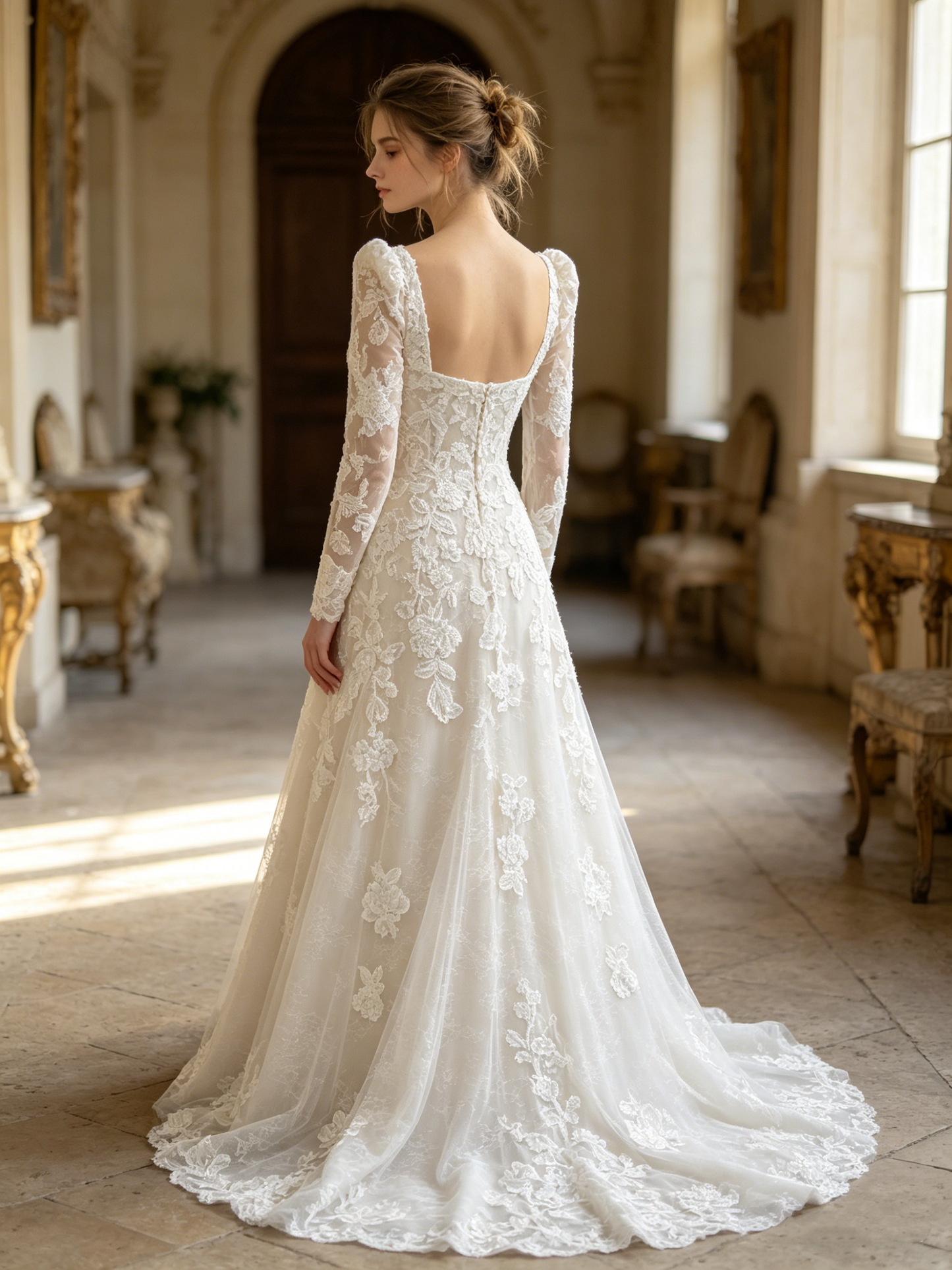 CN310 Square Neck Long Sleeve A-Line Wedding Dress with Floral Lace Appliqués