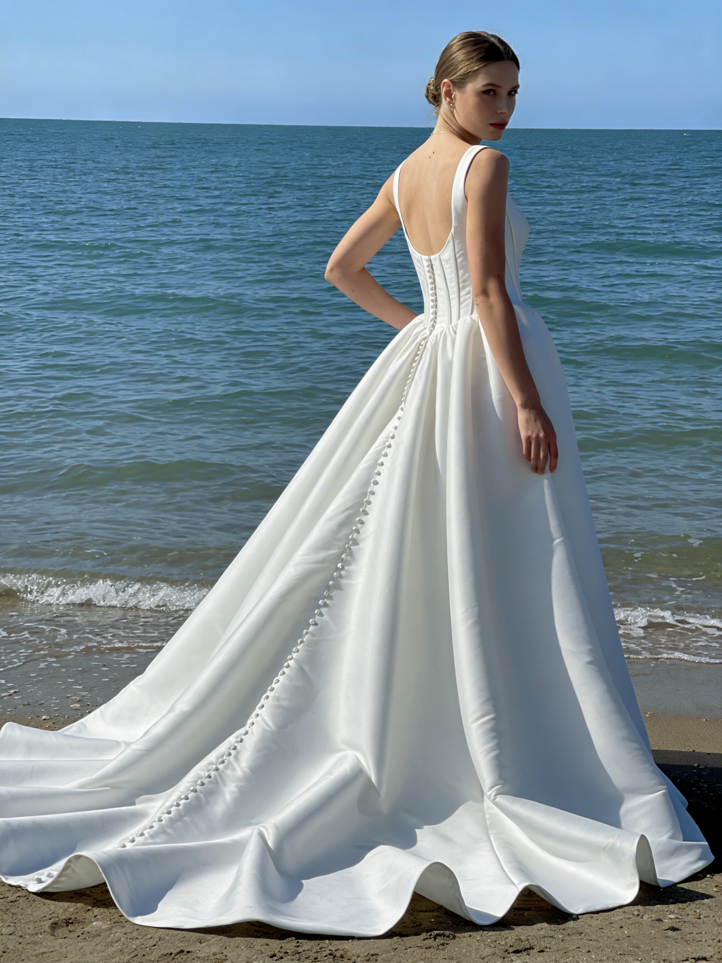 JF042 Elegant Satin Ball Gown Wedding Dress with Square Neck & Corset Bodice