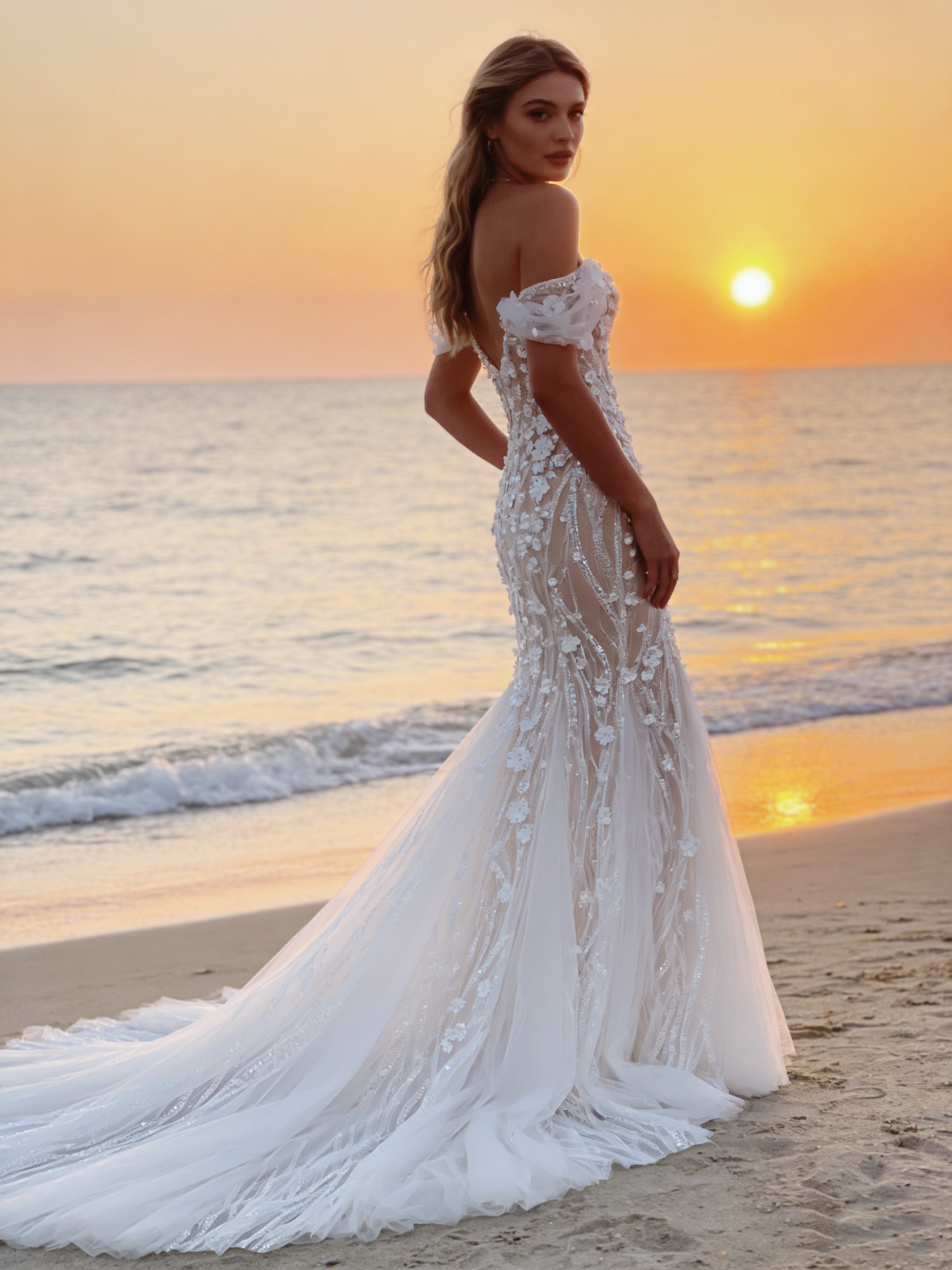 JF002 Off-the-Shoulder Mermaid Wedding Dress with 3D Floral Appliques & Tulle Train