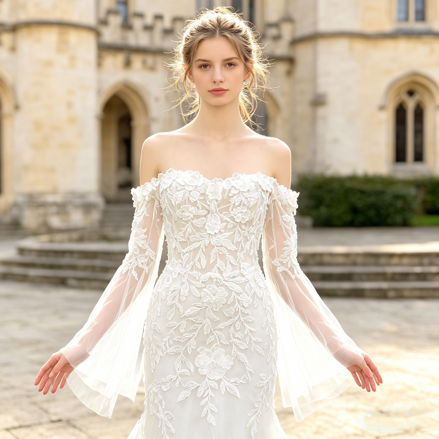 CS291 Off-the-Shoulder Floral Lace Mermaid Wedding Dress with Detachable Tulle Sleeves & Chapel Train