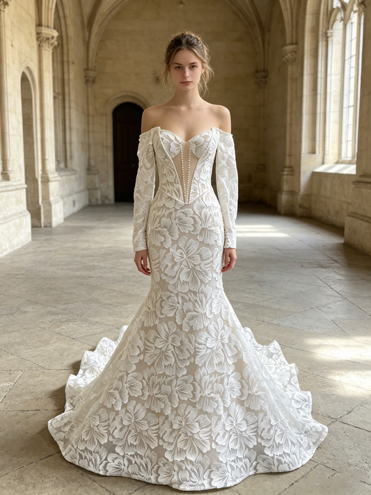 CS316 Off-the-Shoulder Floral Lace Mermaid Wedding Dress with Pearl Accents & Corset Bodice