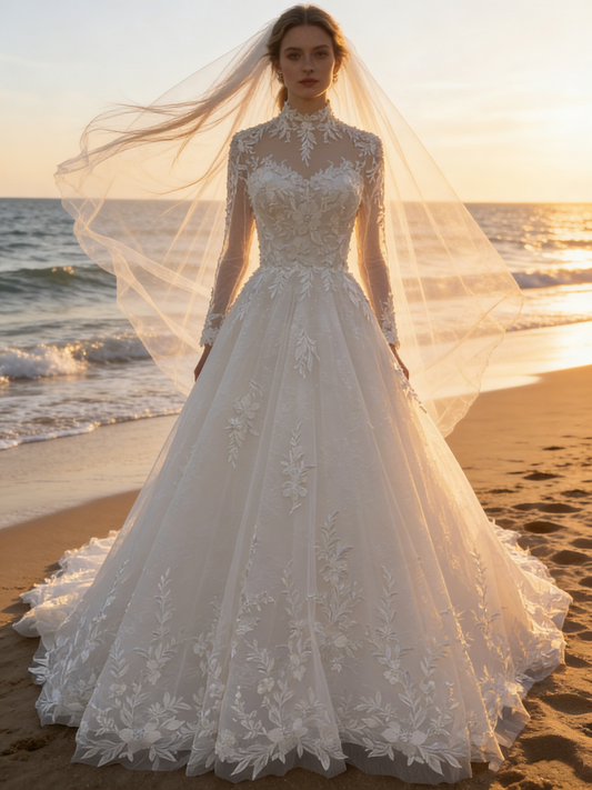 CS188  Luxury High Neck Long Sleeve Lace A-Line Wedding Dress with Illusion Back & Button Detailing
