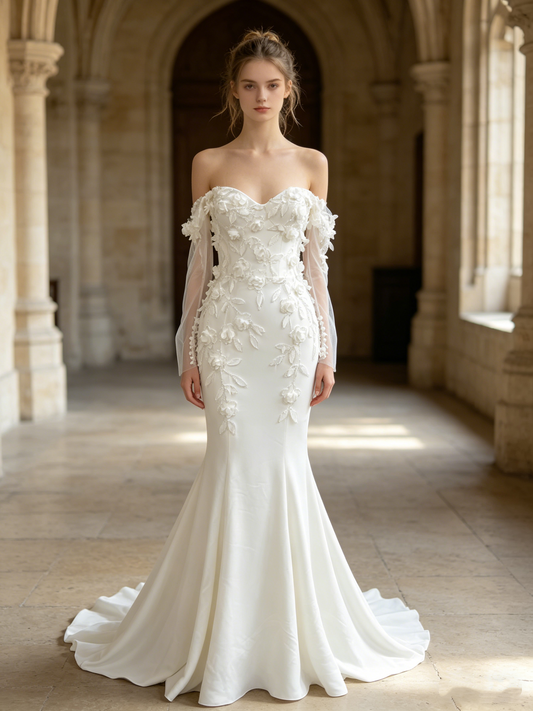 CS384 Off-the-Shoulder 3D Floral Mermaid Wedding Dress with Detachable Sleeves
