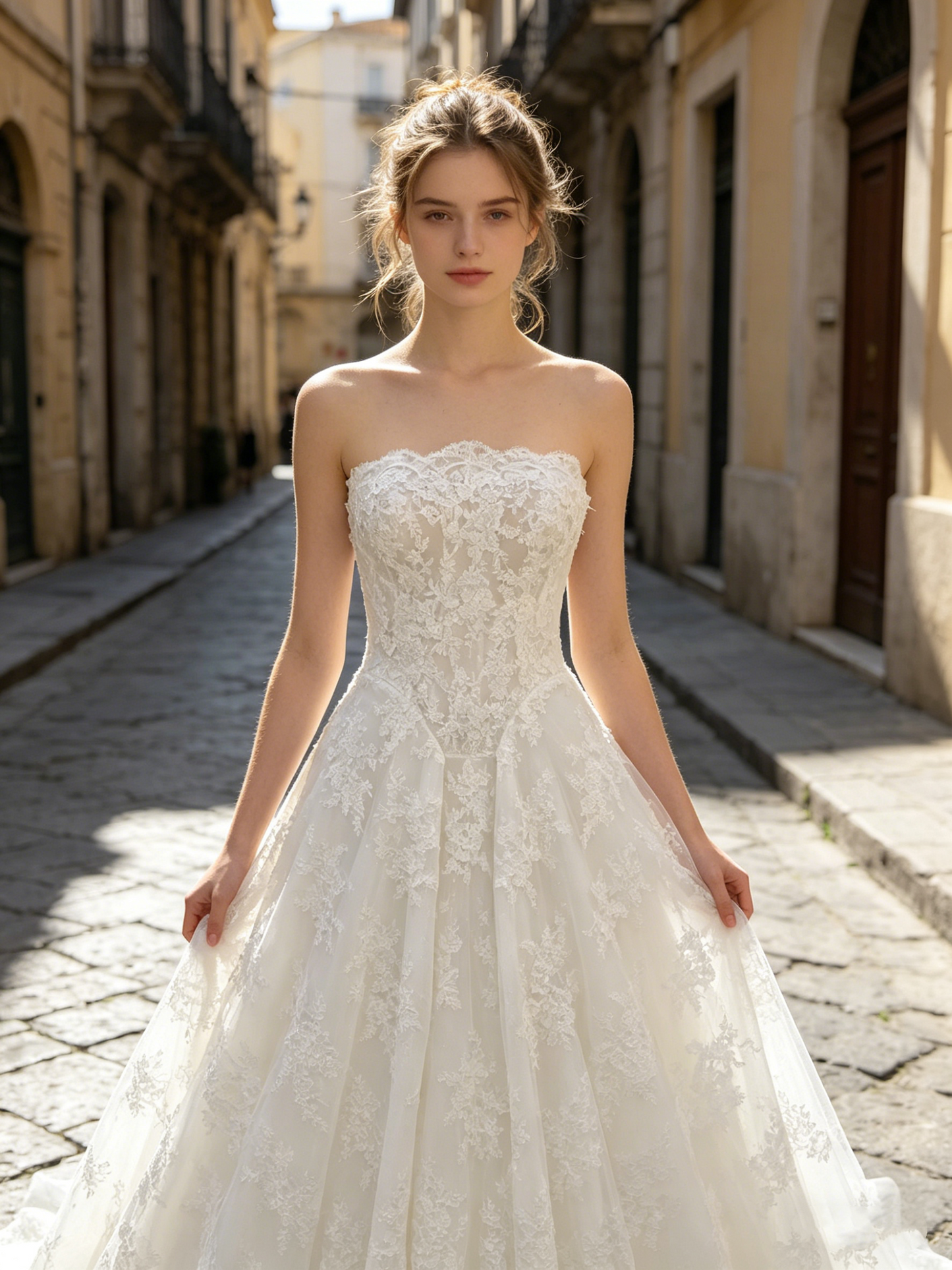 CS318 Strapless Lace A-Line Wedding Dress with Corset Bodice & Chapel Train