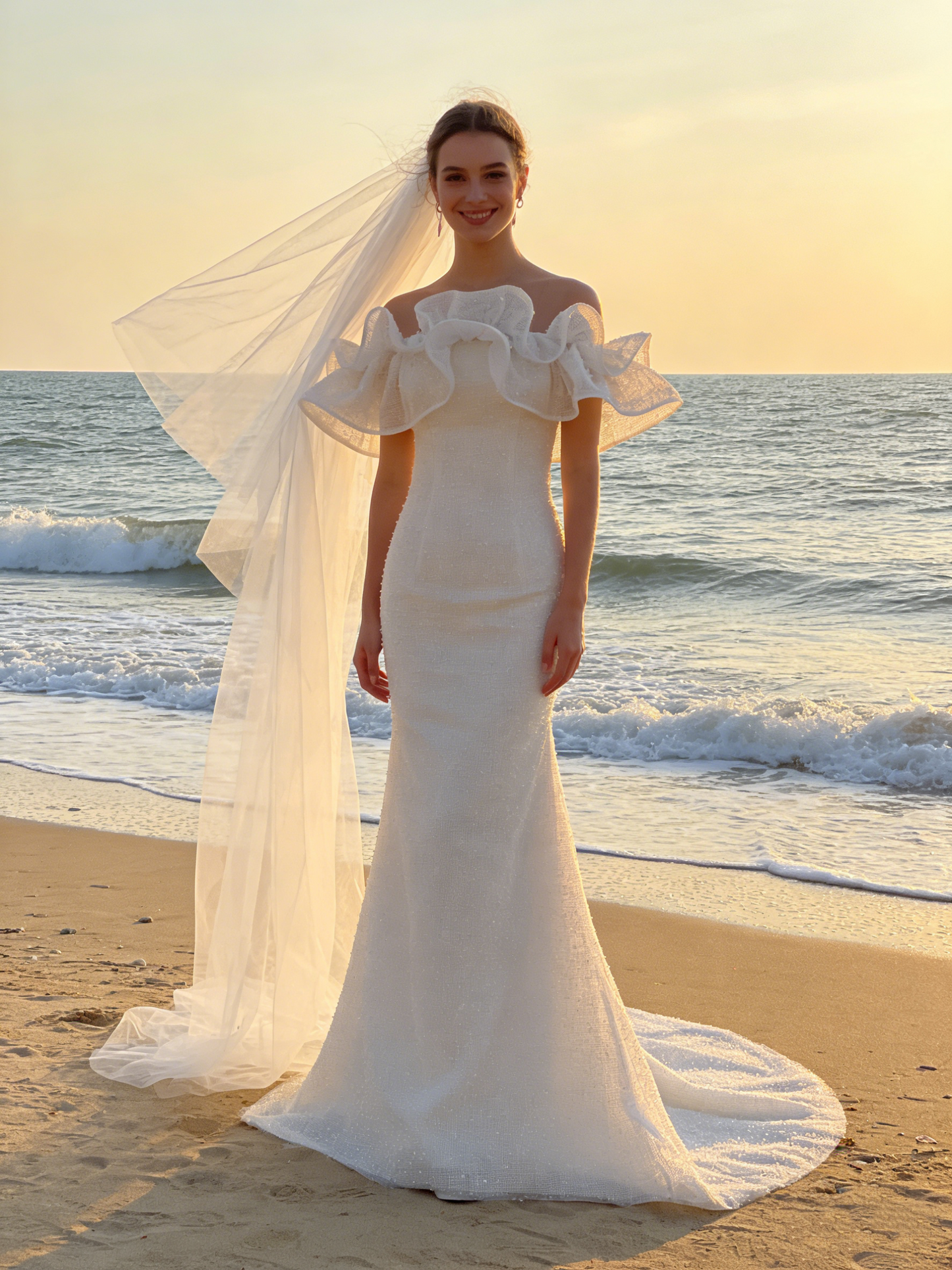 CS141 Glamorous Off-the-Shoulder Ruffle Mermaid Wedding Dress with Pearl Beading & Chapel Train