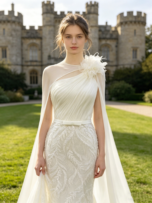 CN337 Elegant One-Shoulder Mermaid Wedding Dress with Detachable Cape & Feather Floral Accent