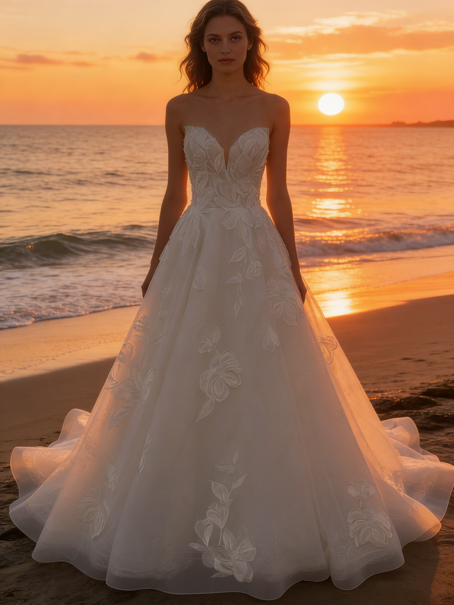 CS252  Elegant Strapless Sweetheart A-Line Wedding Dress with 3D Floral Lace & Sparkle Tulle