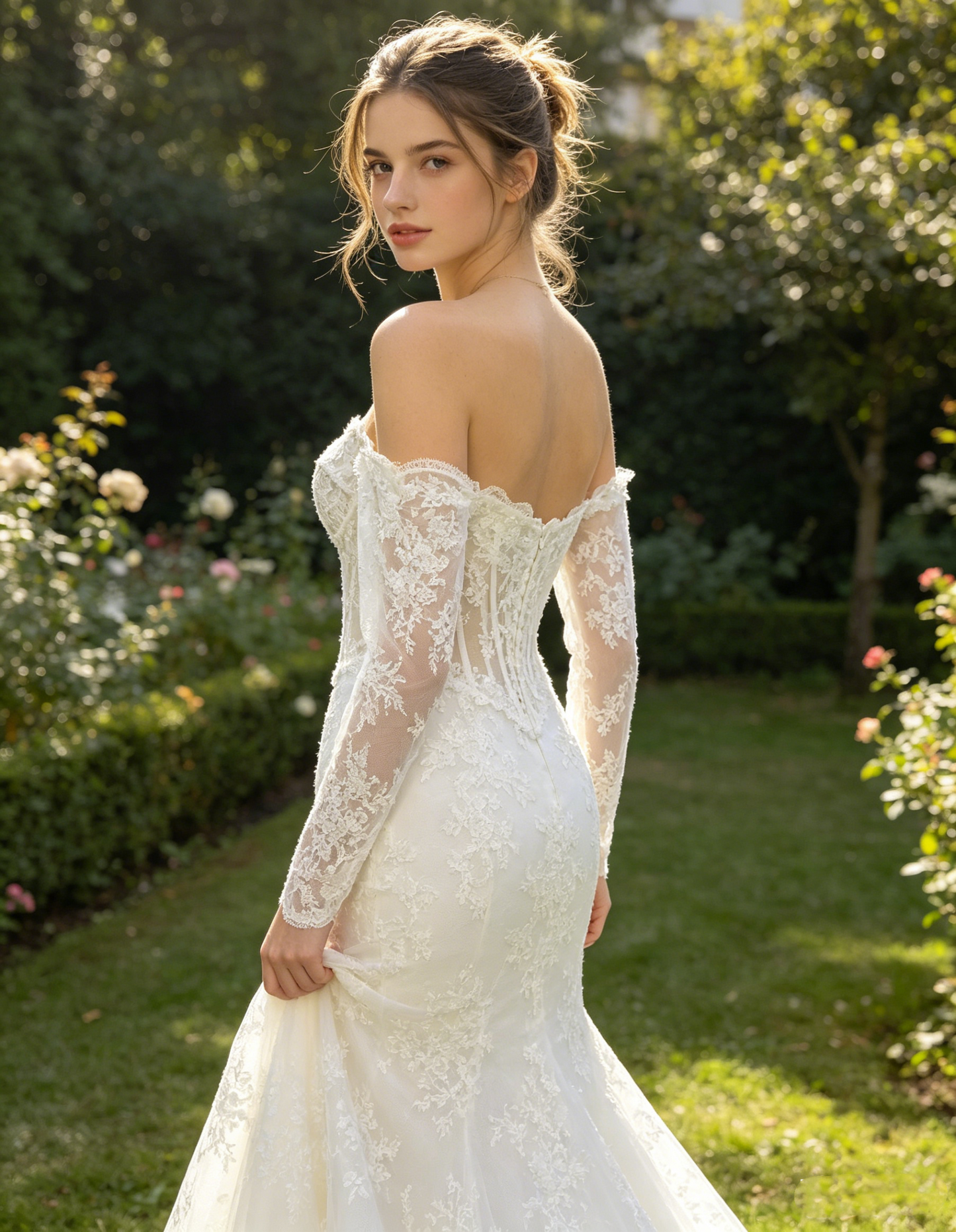 CS321 Off-the-Shoulder Lace Mermaid Wedding Dress with Corset Bodice & Long Sheer Sleeves