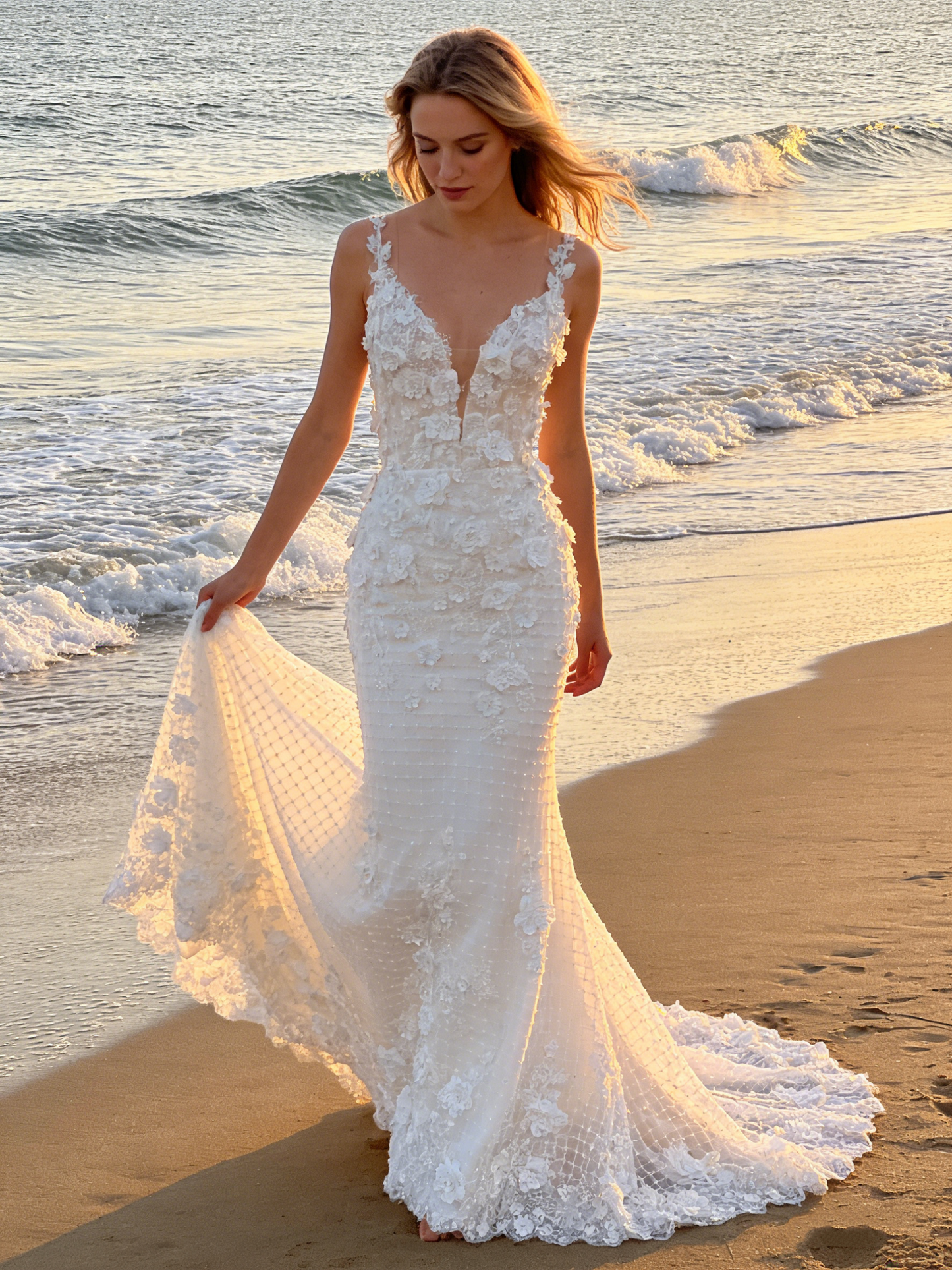 CS185 Luxury 3D Floral Lace Mermaid Wedding Dress with Spaghetti Straps & Beading Detailing
