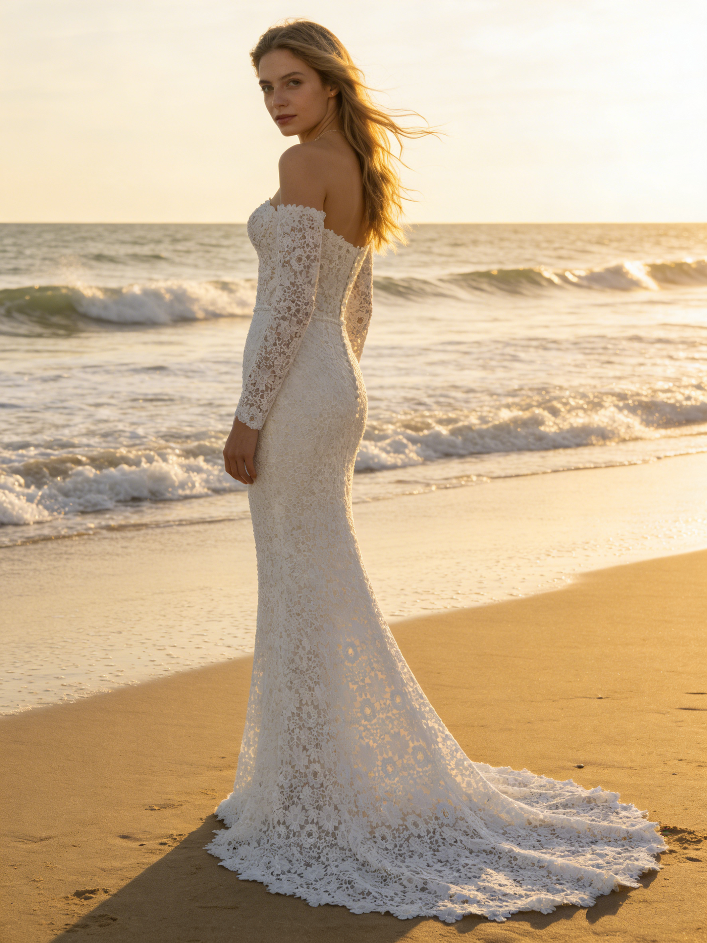 CS176 Luxury Off-the-Shoulder Long Sleeve Lace Mermaid Wedding Dress with Scalloped Train